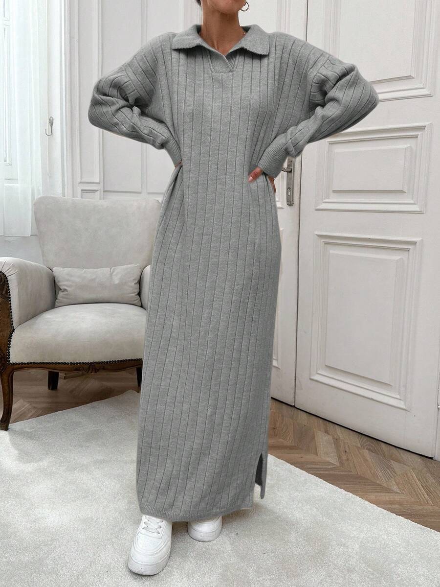EURMUSE Abito maxi in maglia morbida con collo alla polo - Grigio - Visualizzare 1