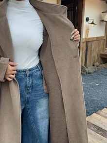 Dazy Plus Thick Woolen Fabric Solid Color Loose Casual Double-Breasted Belt Decor Long Coat, Plus Size Women Autumn/Winter Outerwear