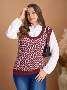 EMERY ROSE Gilet tricoté casual à motif argyle rouge grande taille - Rouge - Voir 1