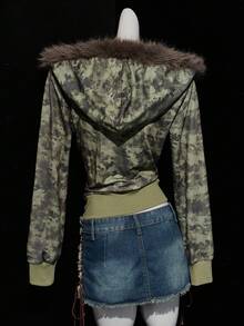 SHEIN ICON 女士复古迷彩毛绒常规夹克 - 軍綠色 - 查看 2