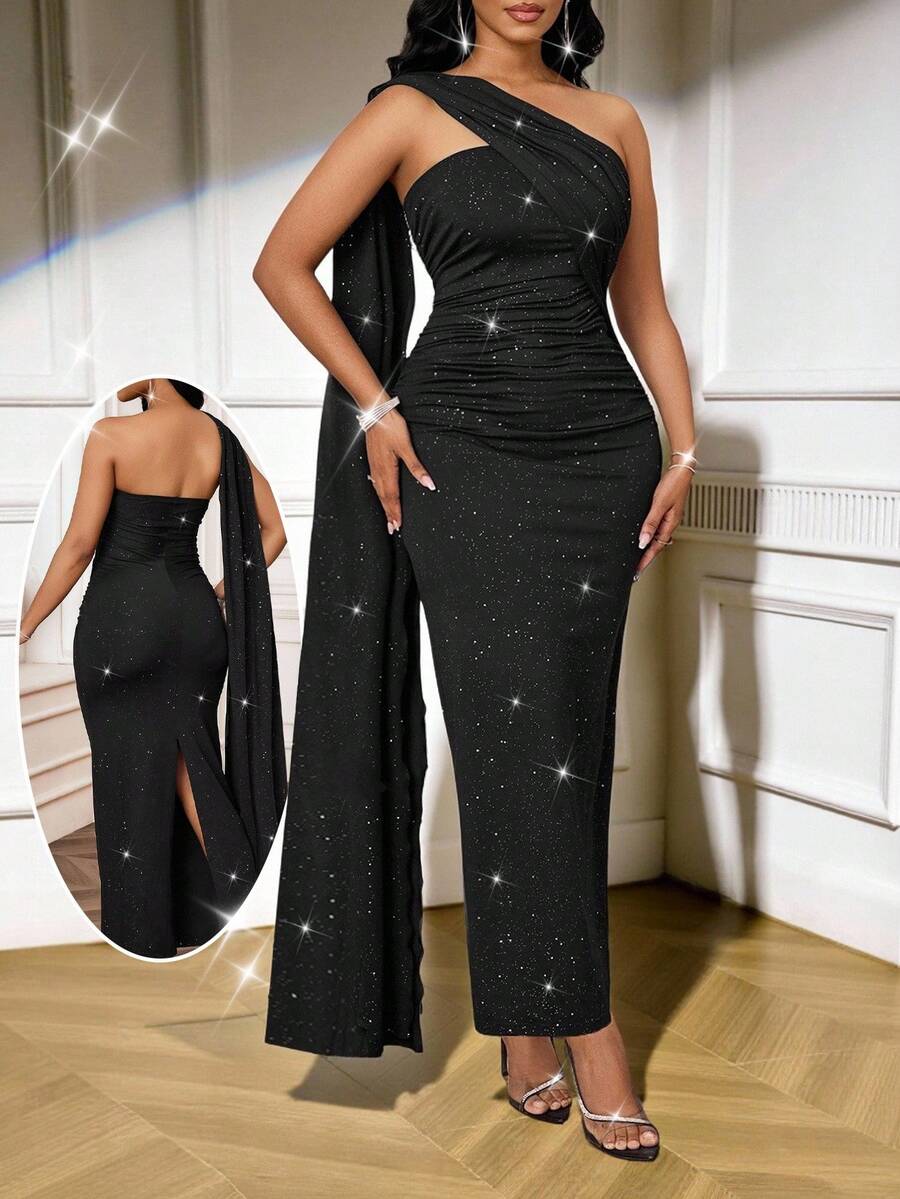 SHEIN Lady 女士优雅派对宴会度假闪亮银色修身肩部浪漫长裙 - 黑色 - 查看 1