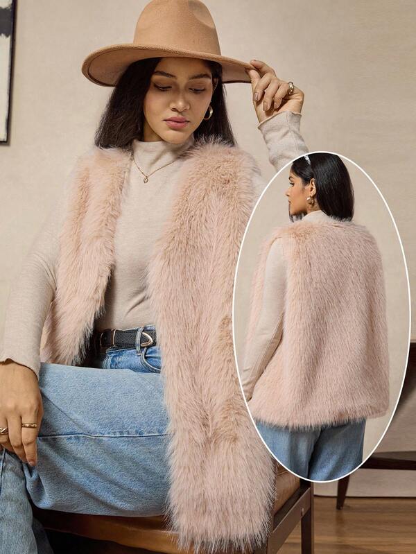 Zelara Chaleco de mujer de talla grande de piel sintética, chaleco de suéter para mujer, chaleco de piel rosa, cárdigan rosa para mujer en otoño/invierno