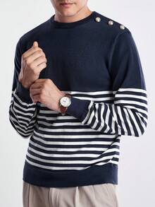 Manfinity CityGents Men's Crew Neck Raglan Long Sleeve Striped Fashionable Versatile Casual Knit Pullover Sweater, For Fall Winter