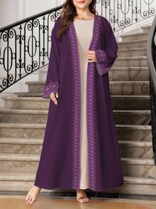 SHEIN Najma Áo khoác cardigan dài tay thời trang in họa tiết hoa kỹ thuật số cỡ lớn màu tím dành cho nữ, phong cách Abaya Ả Rập thanh lịch, mùa xuân/thu - Nhiều màu - Xem 1