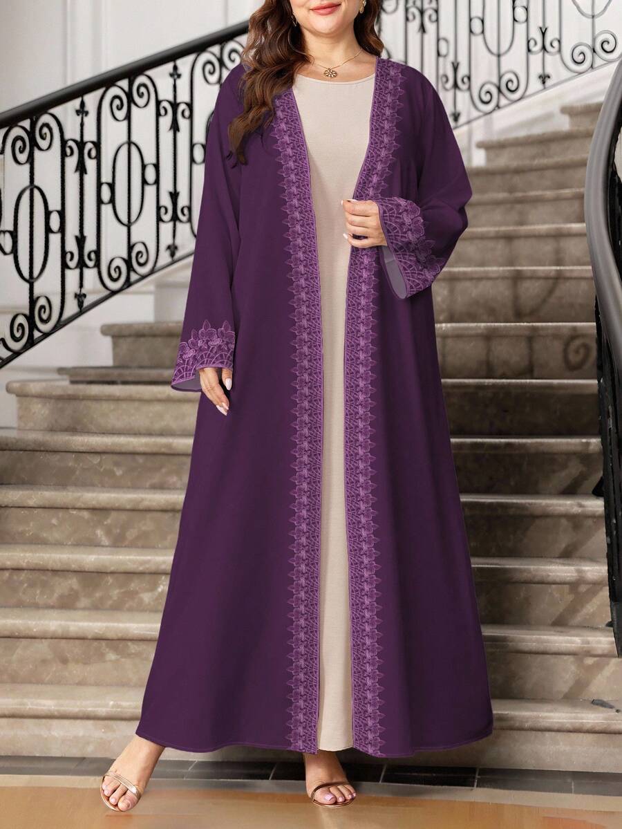SHEIN Najma Áo khoác cardigan dài tay thời trang in họa tiết hoa kỹ thuật số cỡ lớn màu tím dành cho nữ, phong cách Abaya Ả Rập thanh lịch, mùa xuân/thu - Nhiều màu - Xem 1