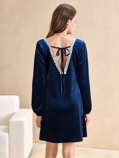 EverLounge 天鹅绒复古舒适家居服蕾丝拼接英伦风女式睡裙，秋冬款，温暖舒适