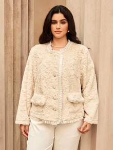Roveilla Chaqueta de mujer de talla grande con cuello de piel de conejo sintética, perlas falsas y botón de perla de abotonadura sencilla - Albaricoque - Ver 6
