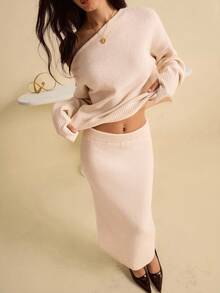 Bluhae Bộ 2 chiếc váy len hở vai gợi cảm - Màu be - Xem 3