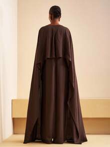 Zivah 2025 Autumn And Winter New Commuting Elegant Casual Vacation Brown Round Neck Sleeveless Long Dress + Asymmetrical Shawl Blouse Women Two Pieces Set, Travel, Commuting, Party, Vacation, Old Money Style, Shopping, Banquet, Elegant, Party, Date,Cozy Fall And Winter Clothes For Women