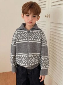 DAZY 男童休闲宽松提花针织毛衣，日式秋季风格 - 灰色 - 查看 6