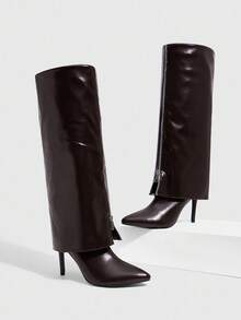 SHEIN X Lucía Bellido CUCCOO SZL Fashionable Y2K Versatile Women's Thigh High Boots With High Heels - Coffee Brown - View 5