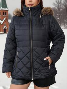 SHEIN Clasi Plus Size Minimalist Quilted 2 In 1 Hooded Padded Coat With Fur Collar Women Puffer Jacket Women Winter Coat Women Quilted Jacket Faux Fur Hooded Jacket Women Outerwear Multifunctional Warm Jacket Old Money Style High Collar Winter Jacket With Fur Collar Winter Clothes Fall Clothes For Women 2025 Autumn And Winter New Style Comfortable And Warm Halloween Costumes Christmas New Year With Pocket With Detachable Fur Collar With Fur Collar