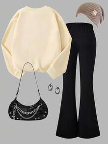 SHEIN 1 Set de Moda Casual para Niñas Preadolescentes, Conjunto Dulce y Lindo con Sudadera Cuello Redondo con Estampado de Lazo Falso y Pantalones Acampanados Negros, Nuevo para Otoño/Invierno, Sudadera Caqui + Pantalones Acampanados, Conjunto de 2 Piezas con Lazo - Multicolor - Ver 2