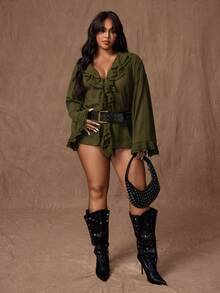 Rustia Áo cánh tay dài dáng rộng, thắt nơ phía trước, chất liệu voan mỏng, mỏng, hai lớp nhún bèo, màu trơn cỡ lớn dành cho nữ - xanh quân đội - Xem 5