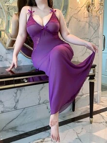 Vibekara Vestido ajustado sexy de talla grande con escote en V, parches de encaje, decoración de lazo, mangas de murciélago, que estiliza y define la cintura - Morado - Ver 6