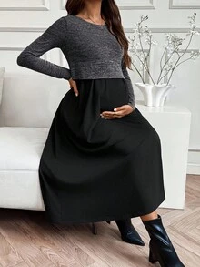 SHEIN Đầm cho con bú cổ tròn tay dài màu tương phản dành cho bà bầu - màu đen - Xem 6