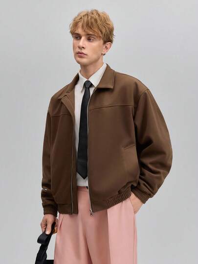  OFFICEAU Men's Jacket, Autumn/Winter Wool Windbreaker Solid Color Jacket, Fashion Lapel Patchwork Artistic Motorcycle Jacket, Old Money