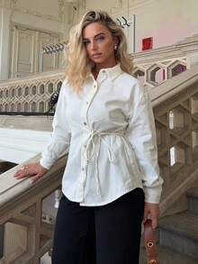 Jeta Ari 女士单排扣牛仔休闲衬衫（侧系带） - 白色 - 查看 1