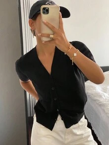 Livesso 女士纯色V领短袖修身针织上衣，商务休闲 - 黑色 - 查看 4