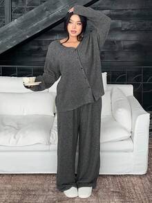 Dazy Plus 2 件大码女式加厚羊毛 V 领宽松上衣和裤子睡衣套装，秋冬时尚家居服，舒适装，秋季服装 - 深灰色 - 查看 5