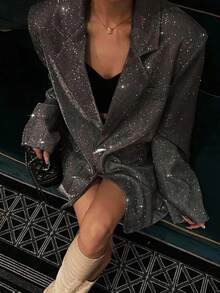Siren Gaze Black And Silver Long-Sleeved Suit Party Blazer Women's Fashionable Commuter Shiny Blazer In Fall/Winter