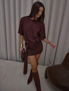MUSERA Loose Fit Square Shoulder Fitted Skirt Drape Ring Detail T-Shirt Dress Streetwear Cute Classy Casual Sexy Going Out Fall Autumn Toffee   Party Winter  Elegant