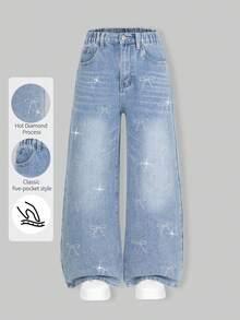 SHEIN Tween Girls Y2K 风格中蓝色复古阔腿牛仔裤，带水钻蝴蝶装饰，适合所有季节的时尚休闲牛仔裤