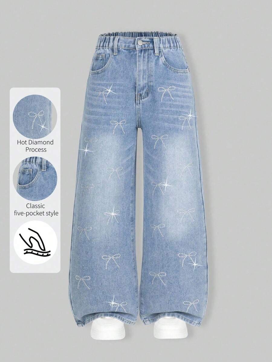 SHEIN Tween Girls Y2K 风格中蓝色复古阔腿牛仔裤，带水钻蝴蝶装饰，适合所有季节的时尚休闲牛仔裤