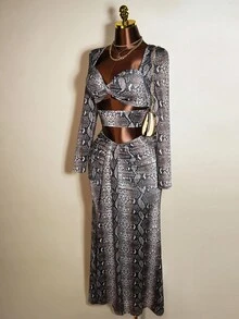 Mistrie 2 件套：时尚性感蛇皮印花镂空短款上衣和超长裙 - 彩色 - 查看 6