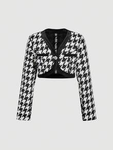 SHEIN MOD 女士休闲百搭长袖纽扣千鸟格纹外套，适合舞会、优雅场合、新年、圣诞节、万圣节装扮、冬季、秋季穿着，展现老钱家族风格，也适合吸血鬼、女巫、哥特等风格。 - 黑與白 - 查看 5