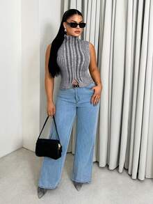 Sirith Women's Sleeveless Turtleneck Sweater Vest With Slit Hem, Gray Melange, Fitted, Sexy, Casual, Street Style, Slim, Ribbed Knit Top - Grey - View 5