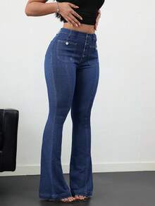 SHEIN PETITE CURVE 大码女式纽扣前袋喇叭裤休闲牛仔裤，夏季秋季返校季可爱2000年代风格卡哇伊Y2K机场休闲老钱图卢姆教师复古蓝色牛仔裤 - 中等水洗藍 - 查看 4