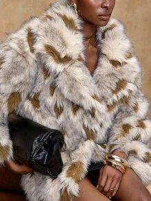 Lumalex VITNOS Women's Faux Fur Leopard Print Coat,White Animal Print,Winter,Elegent,Party Night Fashionable Commuting Contrast Color Jacket, Outerwear - Brown - View 9