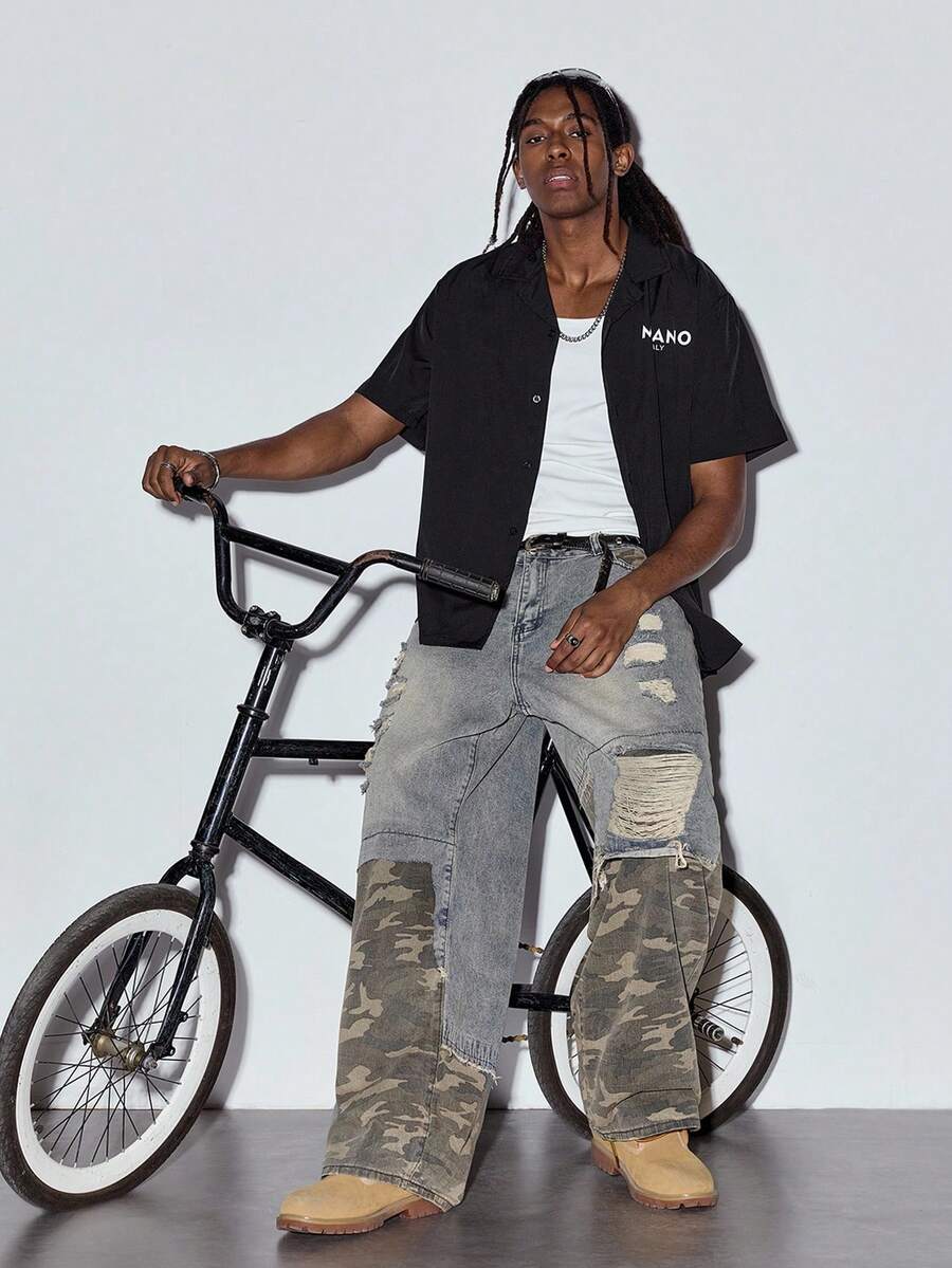 MODCRASH Men's Summer Short Sleeve Polo Shirt, Letter Print Fashionable Casual Shirt