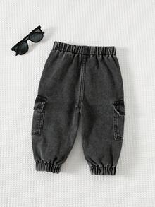 Cozy Pixies Baby/Toddler Unisex Black Casual Cargo Pants With Elastic Waist, Side Pockets And Cuffed Hem Fall Winter - Black - View 2