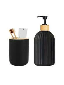 Bathroom Vanity Set, Includes Lotion Dispenser And Toothbrush Holder With Bamboo Lids Home Bathroom Decor Fall Decor Back To School - Black - View 1