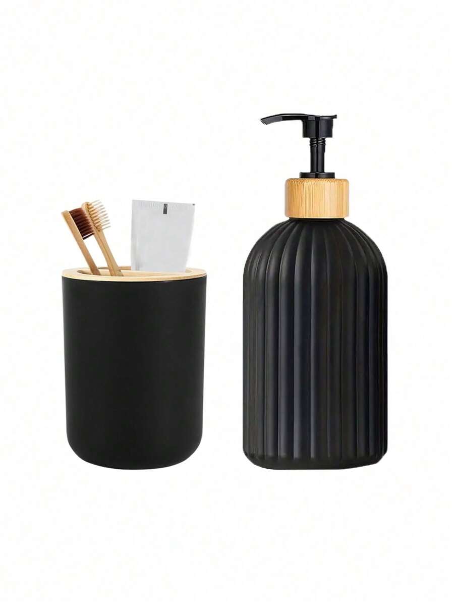 Bathroom Vanity Set, Includes Lotion Dispenser And Toothbrush Holder With Bamboo Lids Home Bathroom Decor Fall Decor Back To School - Black - View 1