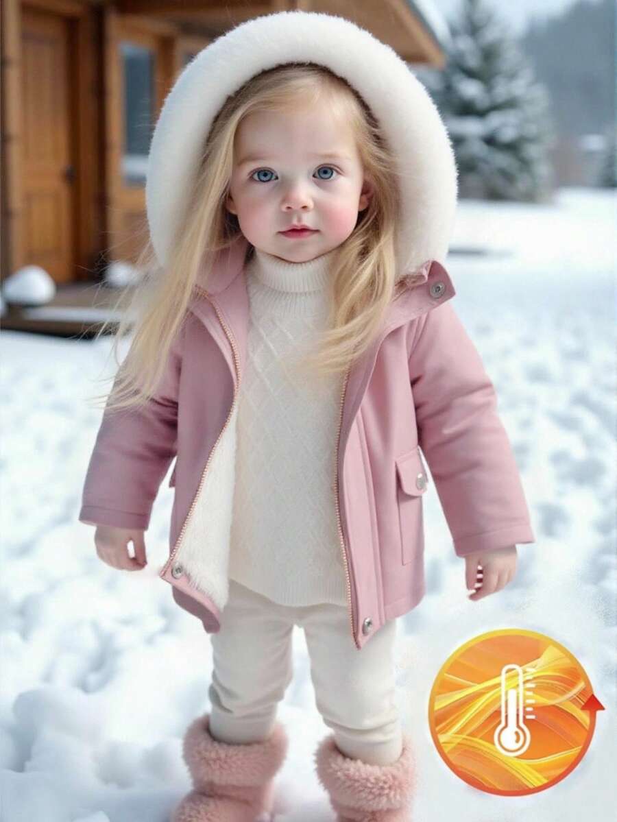 SHEIN Babygirl 可爱粉色兔毛领连帽外套，秋冬 - 粉色 - 查看 1