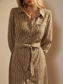 Écloséra 时尚法式复古休闲宽松灯芯绒印花衬衫领长袖中长连衣裙 - 咖啡棕 - 查看 3