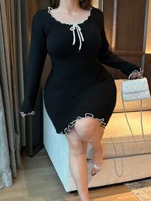 Flirla 大码女式性感修身撞色蝴蝶结针织毛衣裙 - 黑色 - 查看 4