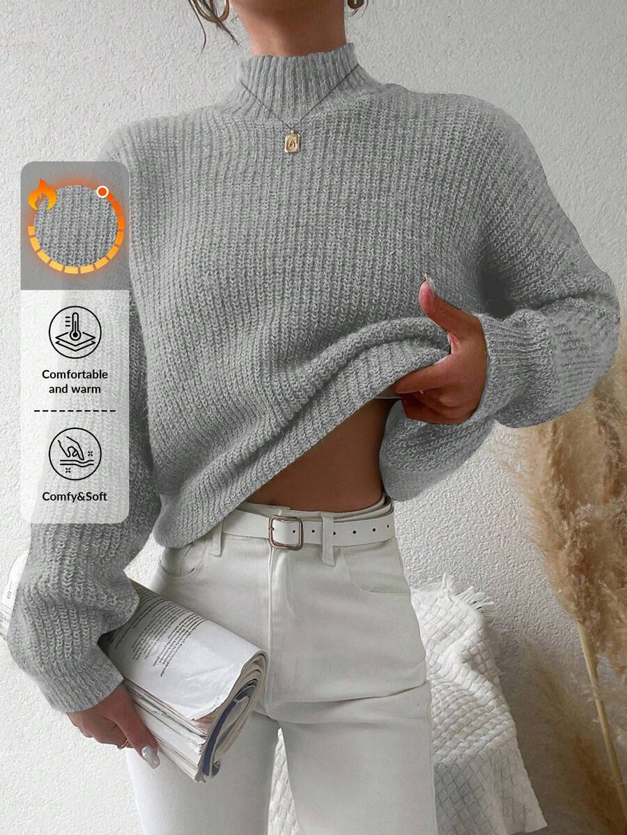EURMUSE Women's Stand Collar Drop Shoulder Sweater - Grey - View 1