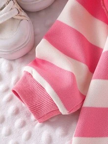 Elladie kids Baby Girls' Pink & White Striped Long Sleeve Dress With Big Collar, Cute Peter Pan Collar Casual Everyday Dress For Toddlers, Autumn/Winter Fall - Pink - View 4