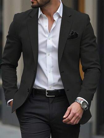 Manfinity Mode Men Space Dye Pocket Single Breasted Blazer Black Dress Shirt Business Casual Elegant Slim Fit Suit