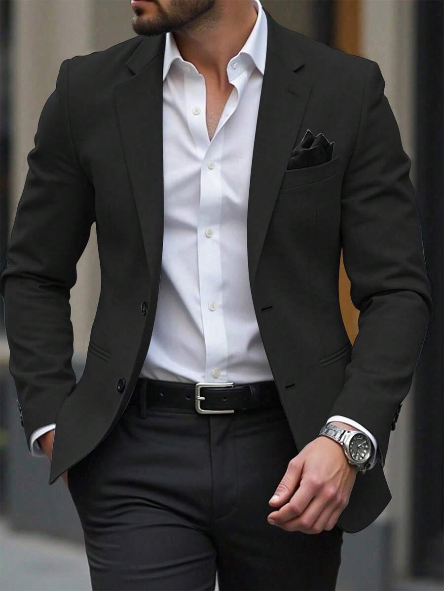 Manfinity Mode Men Space Dye Pocket Single Breasted Blazer Black Dress Shirt Business Casual Elegant Slim Fit Suit