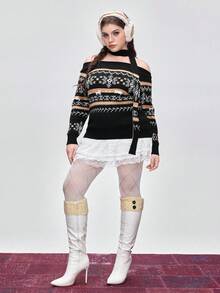 ROMWE Kawaii 加大码前卫复古费尔岛雪花圣诞猫咪嵌花图案柔软女性舒适冬季套头毛衣，加大码秋冬费尔岛露肩系带套头毛衣，加大码女式秋冬套头毛衣上衣，加大码复古圣诞派对费尔岛套头毛衣，优雅复古节日派对加大码女式毛衣 - 彩色 - 查看 2