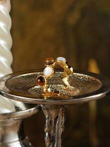 Glisma 18K Gold-Plated Open Ring, Unique Design Finger Ring For Women,Work,Casual,Shopping,Vintage,PREMIUM,Metallic/Texture,Western Jewelry,Old Money,Gemstone,Outfits,Fall/Autumn/Winter,For Mom/Women/Girl/Mother,Premium - Gold - View 5