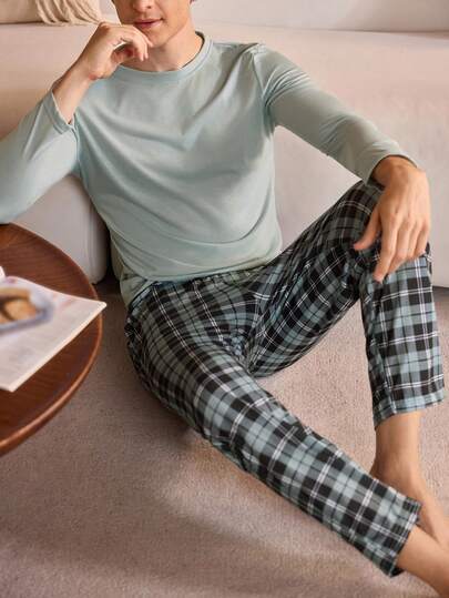 Manfinity Underwear&Sleepwear Basics Teen Boy Solid Color Long Sleeve Top And Plaid Pants Pajama Set, Autumn