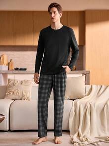 Manfinity Underwear&Sleepwear Basics 大码男士黑色格子长袖睡衣套装 - 黑色 - 查看 3