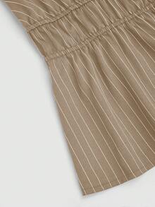 Sweetra Front Tie Deep V Slit Flare Sleeve Cinched Waist Fitted Brown & White Striped Casual, Commute, Date Night Elegant Relaxed Blouse Top, Plus Size - Khaki - View 5