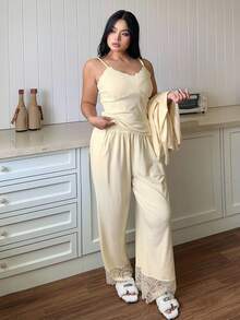 Dazy Plus 3pcs Plus Size Women Elegant Contrast Lace Camisole Top, Robe And Pants Sleepwear Set Fall Winter Clothes - Apricot - View 4